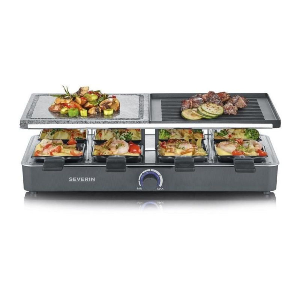 SEVERIN Raclette Gril SEVERIN - RG2376 - 8 personnes - Pierre de Cuisson Naturelle et Plaque Réversible Antiadhésive - Thermostat rég