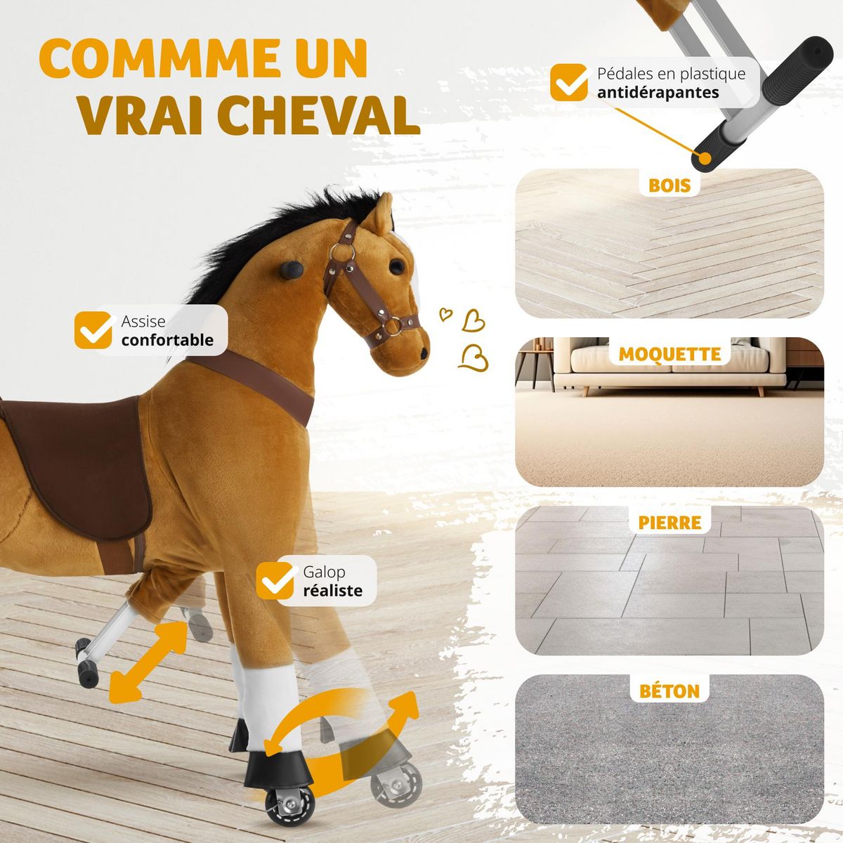 tectake Cheval à bascule sur roulettes au design réaliste Marron clair 34 x 89 x 100 cm