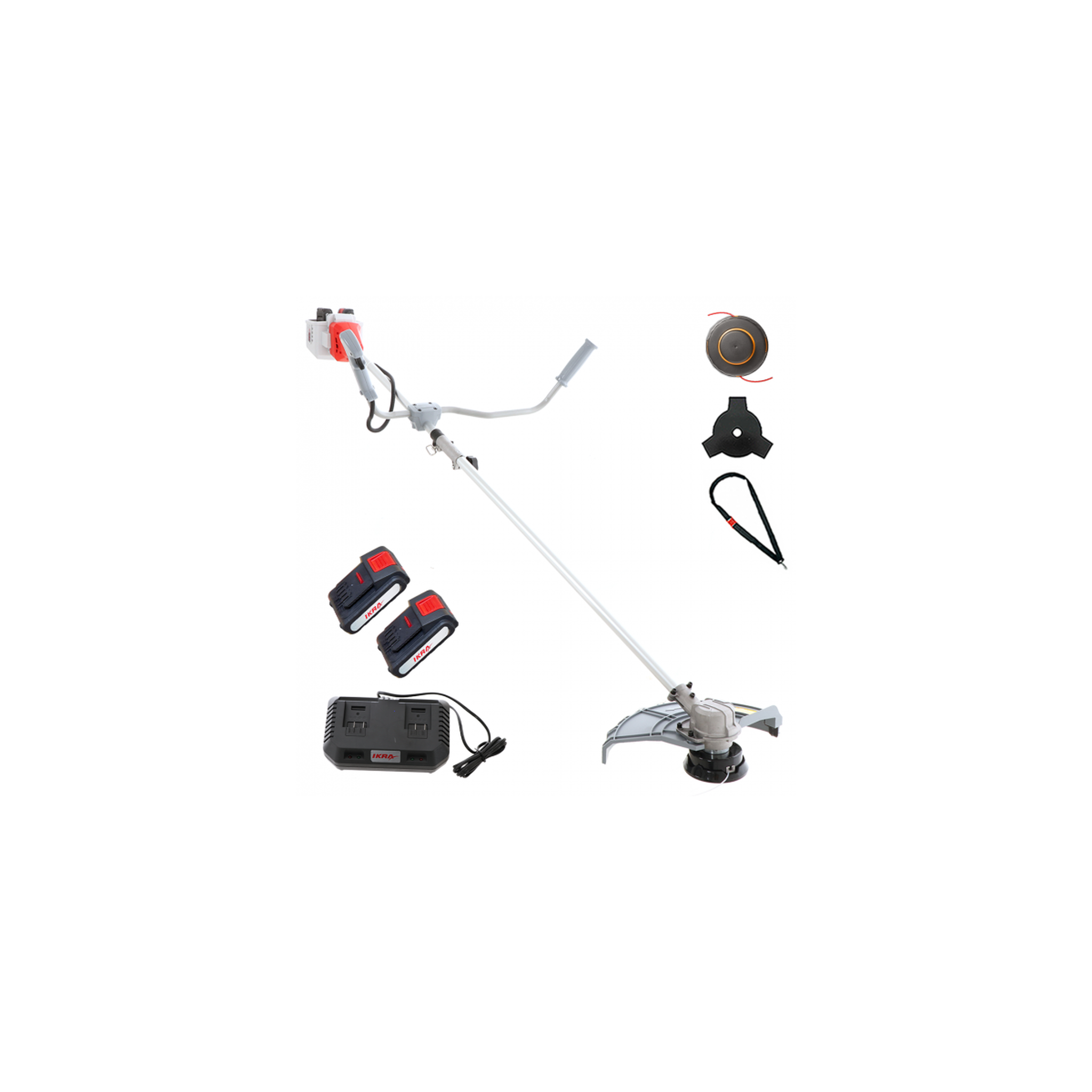 Ikra Débroussailleuse à batterie sans fil 40v - 2 batteries lithium 2.0ah chargeur double - bobine de fil + lame 3 dents 25,5 cm ikra