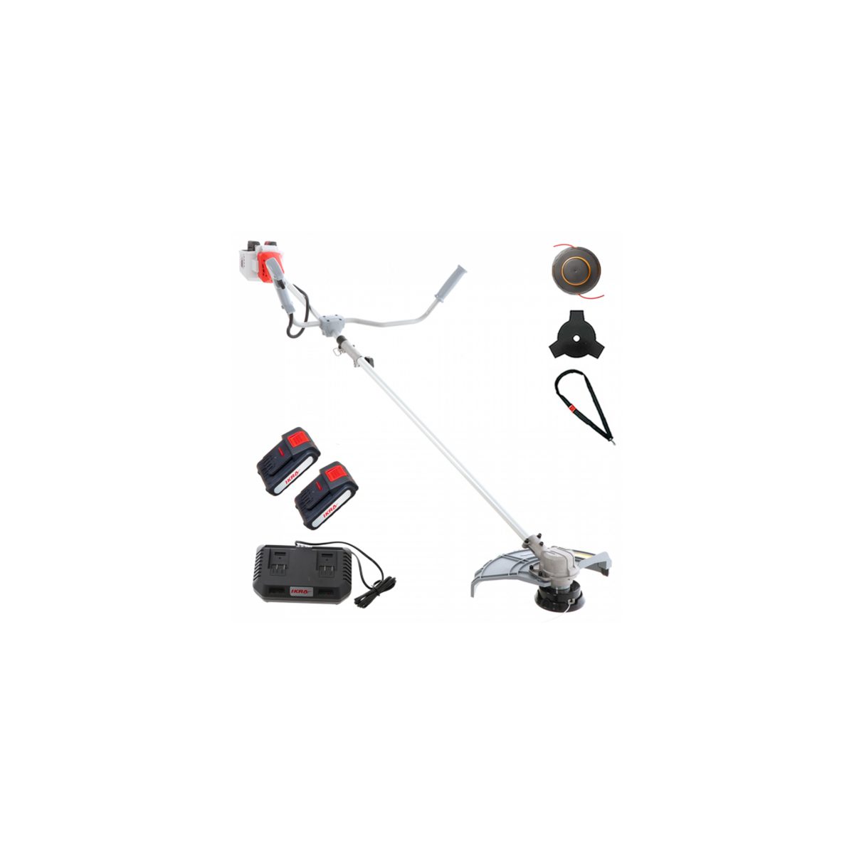 Ikra Débroussailleuse à batterie sans fil 40V - 2 batteries lithium 2.0Ah Chargeur double - Bobine de Fil + Lame 3 dents 25,5 cm IKRA