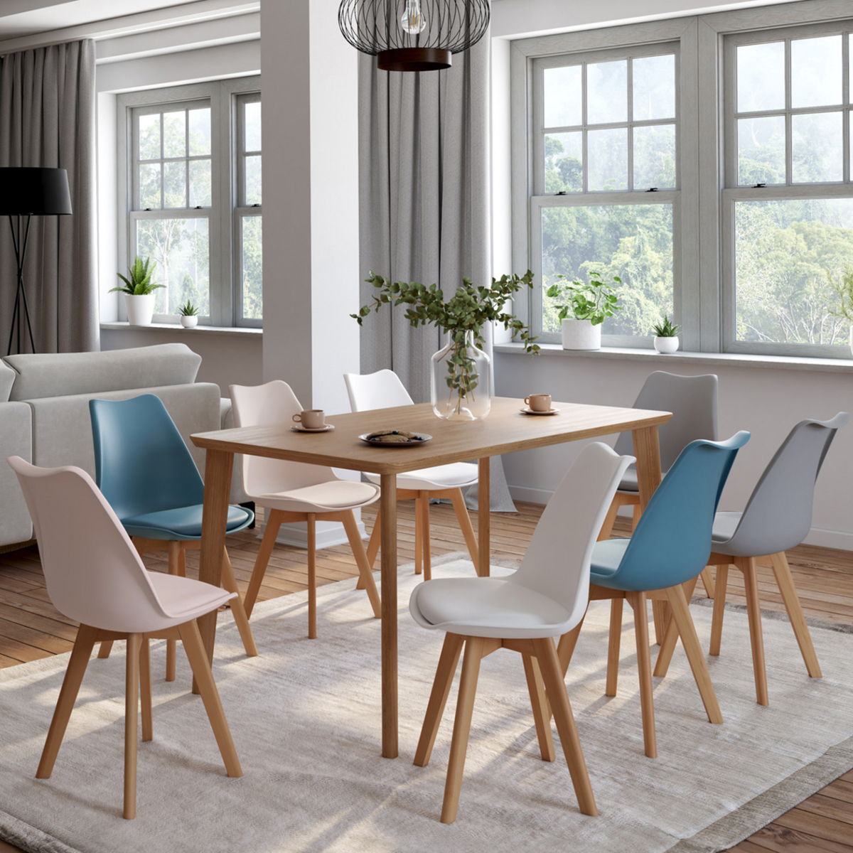 ID MARKET Lot de 8 chaises scandinaves SARA mix color pastel rose x2, blanc x2, gris clair x2, bleu x2