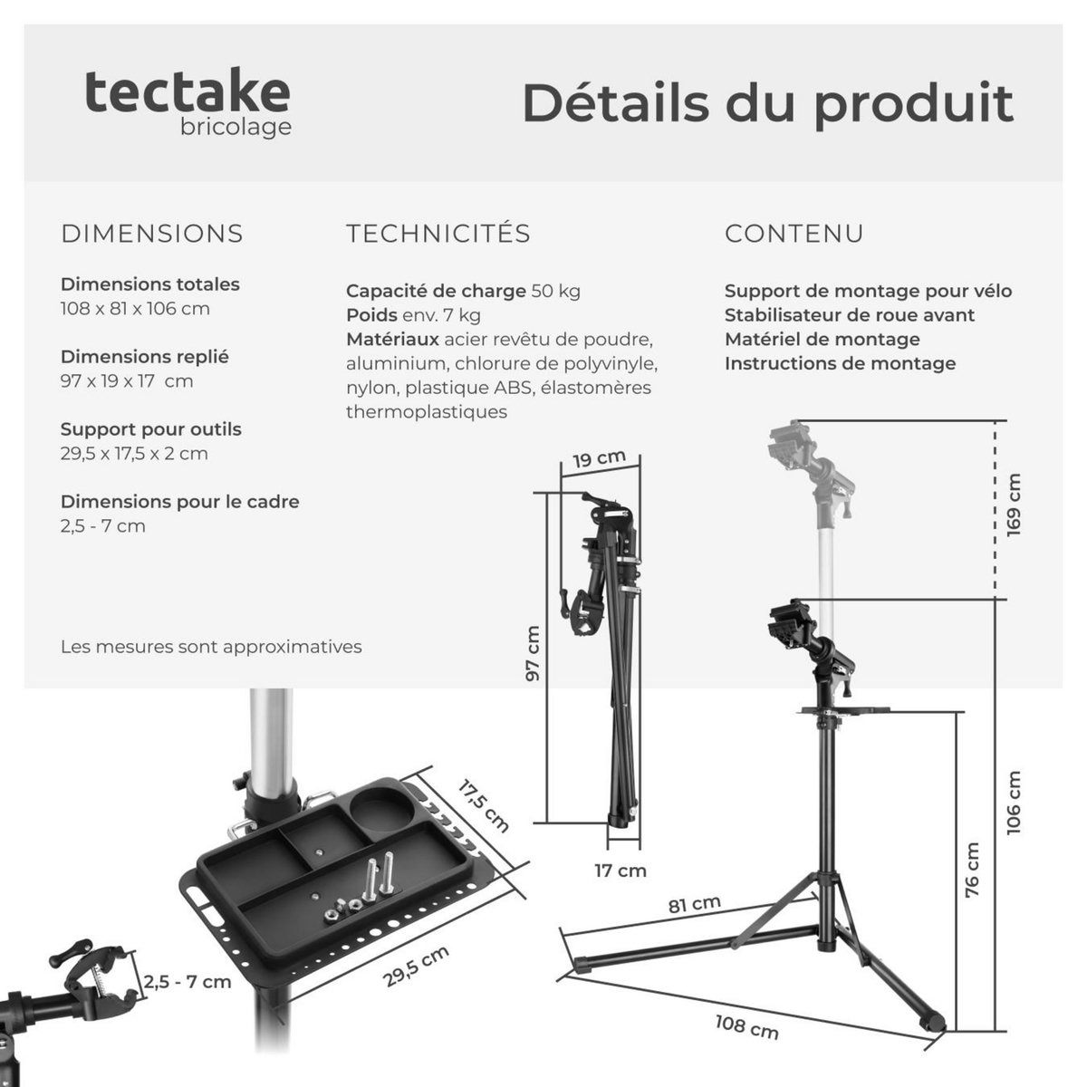 tectake Support de réparation pour vélo poids supporté 50 kg pliable avec fermetures rapides gris/noir