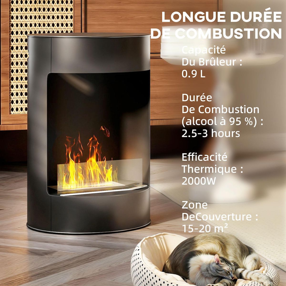 HOMCOM Cheminée éthanol - cheminée bioéthanol design cylindrique - réservoir 0,9L dia. 32 x H.55 cm acier noir