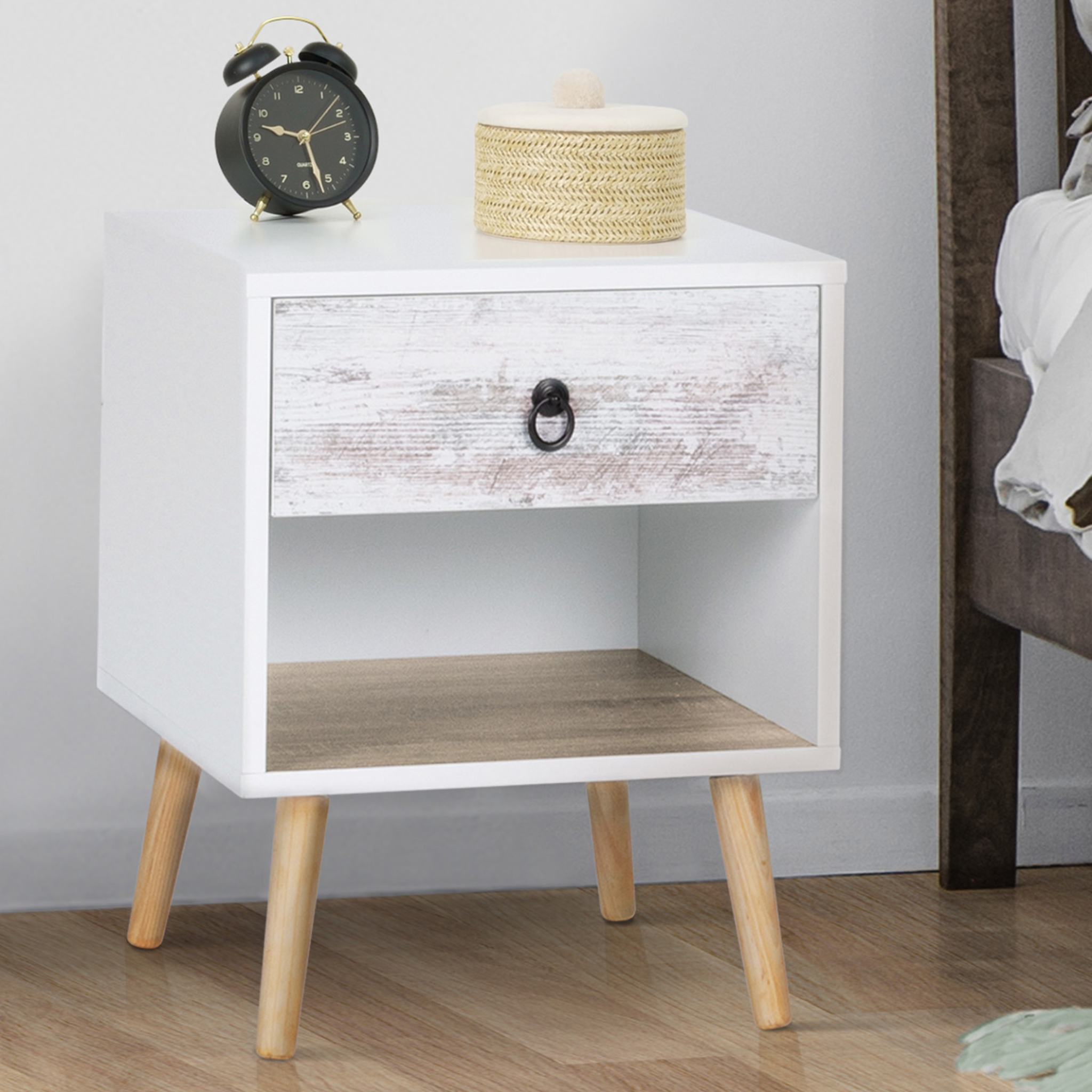 Voir la diapositive 2 : ID MARKET Lot de 2 tables de chevet BAHIA 1 tiroir avec niche scandinave