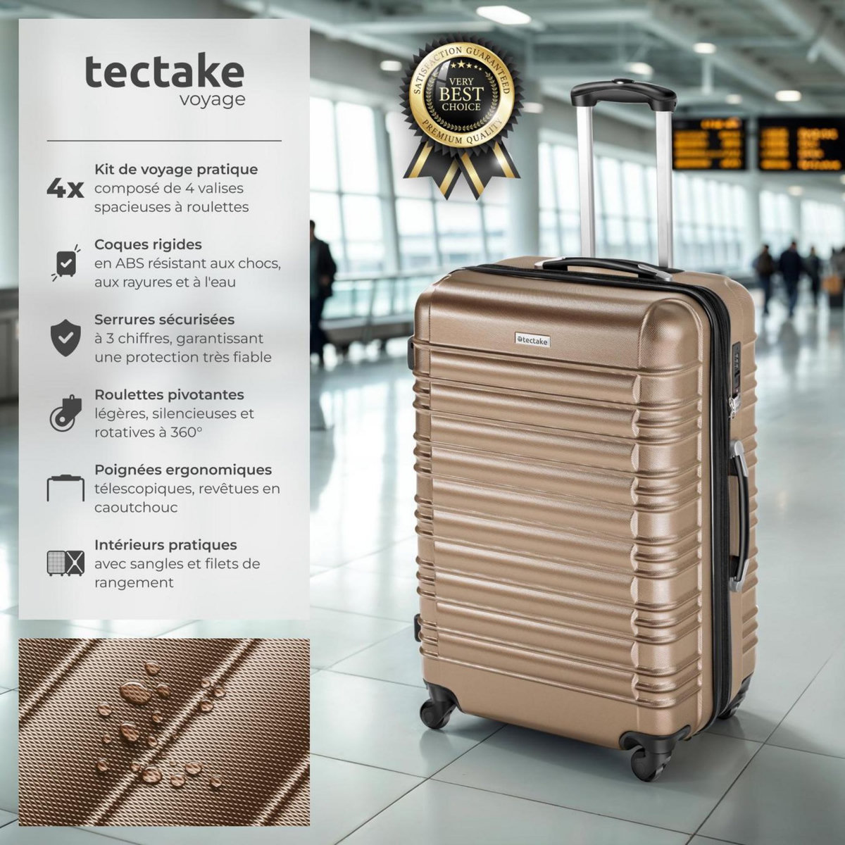 tectake Set de valises trolley rigides 4 parties, en plastique ABS robuste champagne