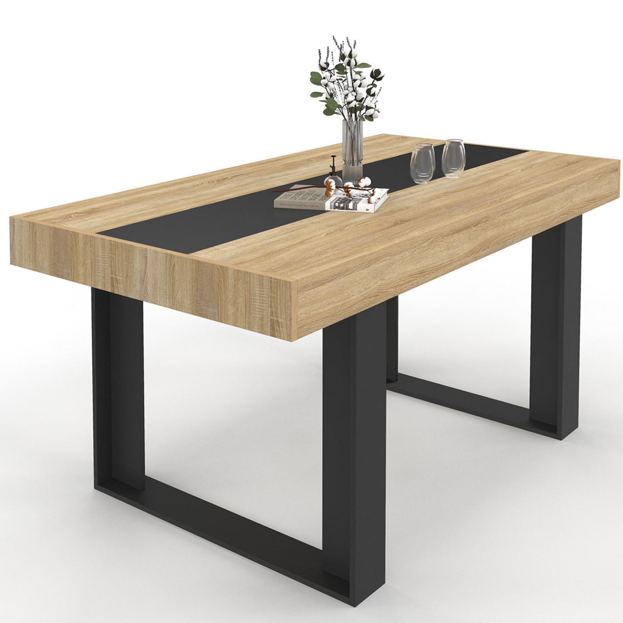 ID MARKET Table à manger rectangle phoenix 6 personnes bois et noir bande centrale noire 160 cm