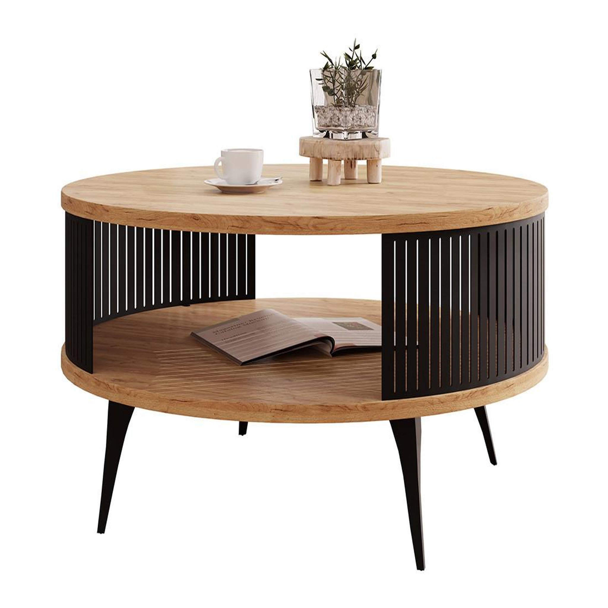 Voir la diapositive 2 : BEST MOBILIER Forini - table basse ronde - aspect chêne naturel et noir - 1 niche - 75 cm