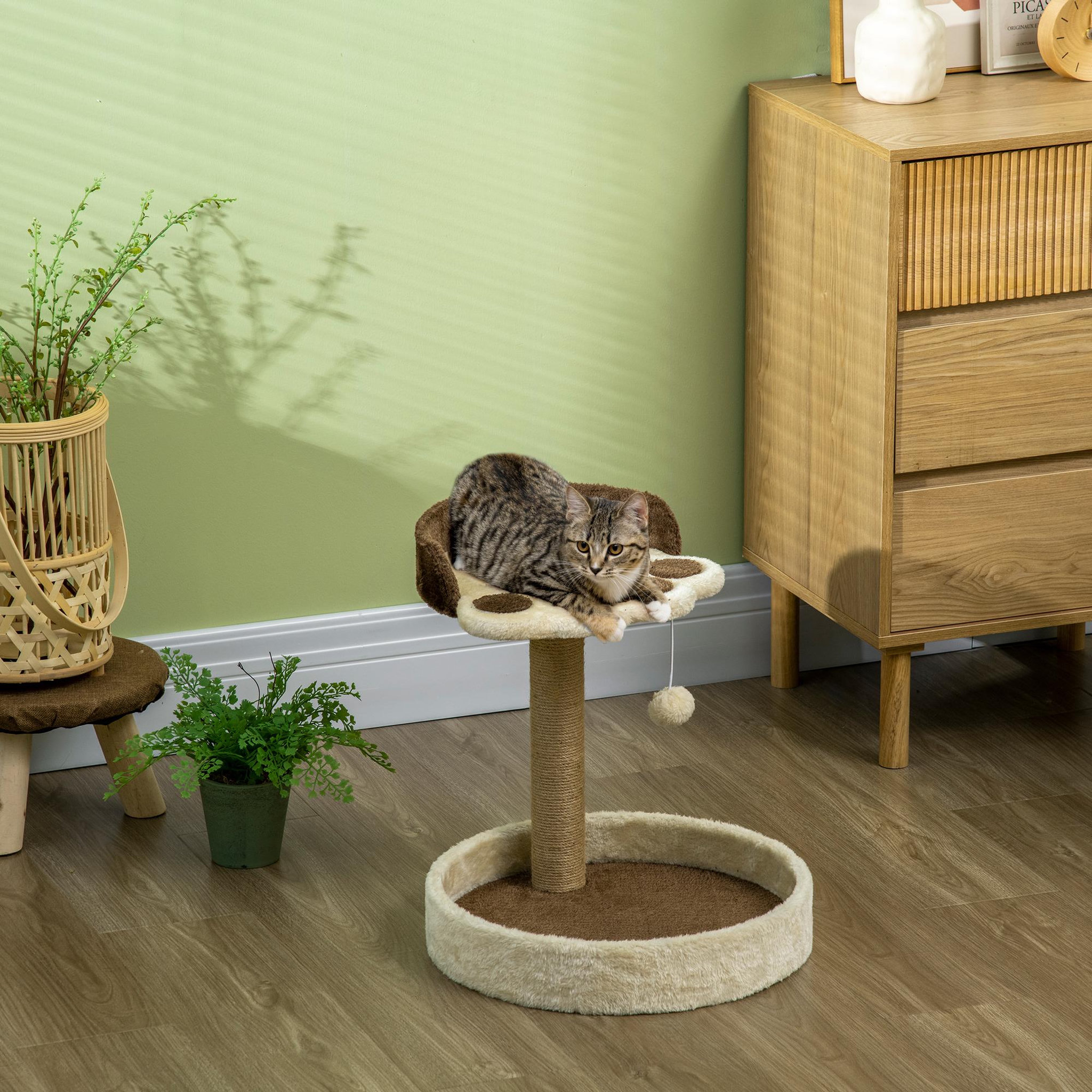Voir la diapositive 4 : PAWHUT Arbre à chat griffoir design patte de chat jeu boule suspendue panier plateforme observation peluche beige marron jute naturelle