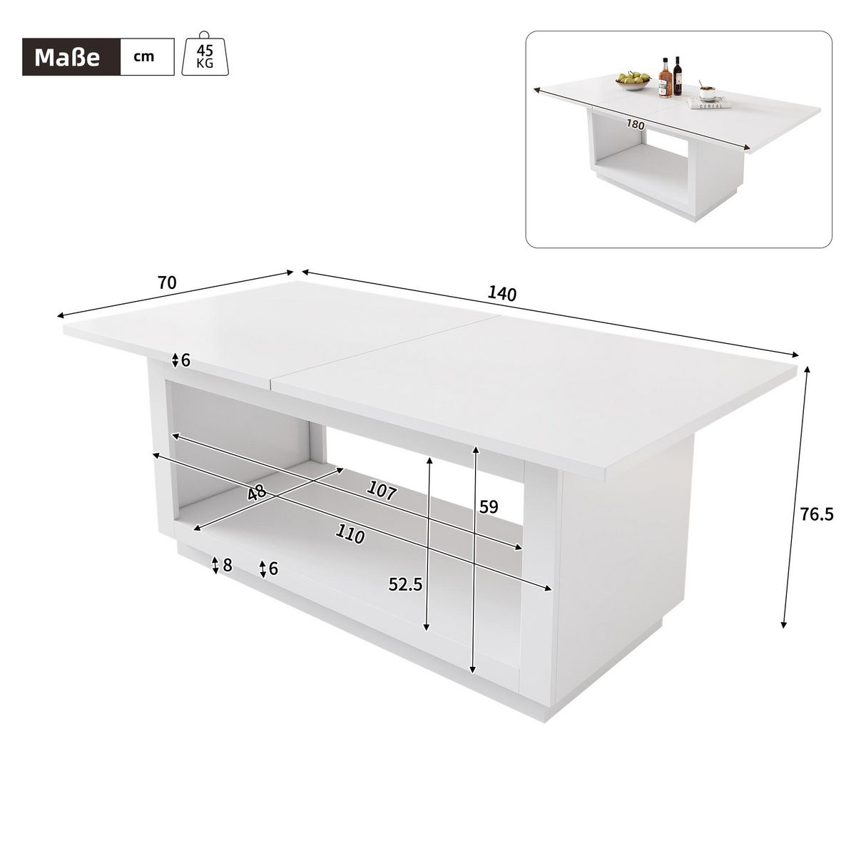 MERAX Table à manger rectangulaire avec allonge blanc - 70x140-180max.cm mdf