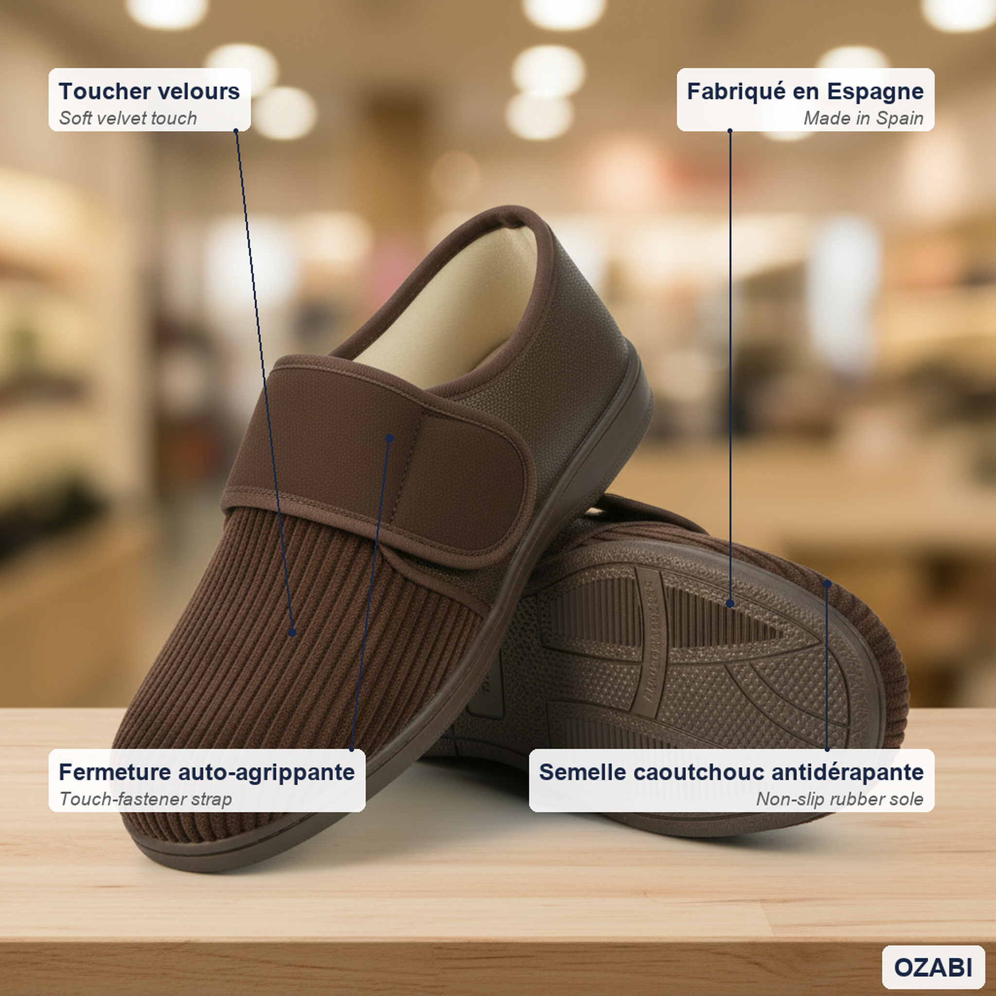 Voir la diapositive 4 : OZABI Ozabi charentaises homme fabriquées en espagne, fermeture auto-agrippante