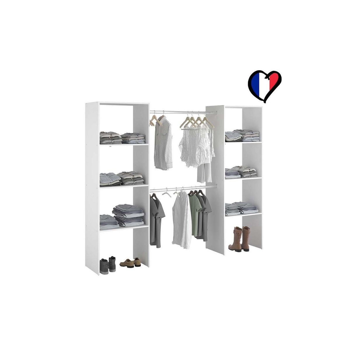 CONCEPT USINE Dressing blanc 6 étagères, 2 penderies 220 x 40 x 180 cm ELYSEE