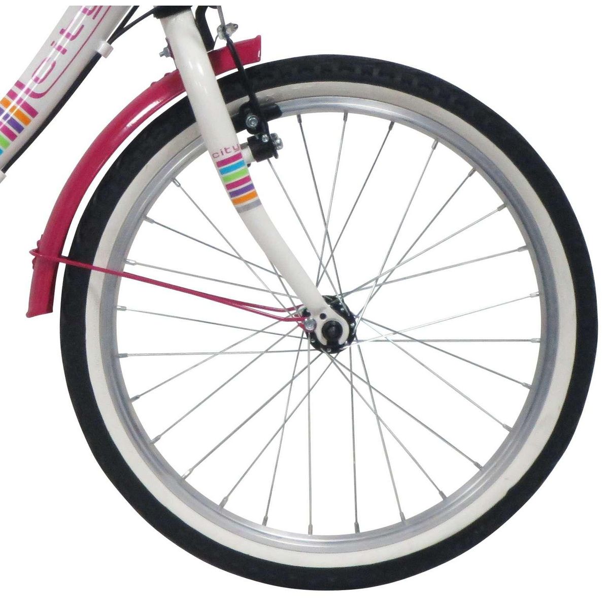 Vélo enfant (120/140 cm) - VTC 20'' fille cadre acier City - Fourche rigide - 6 vitesses - Dérailleur Shimano - Freins V-Brake + Equipement City