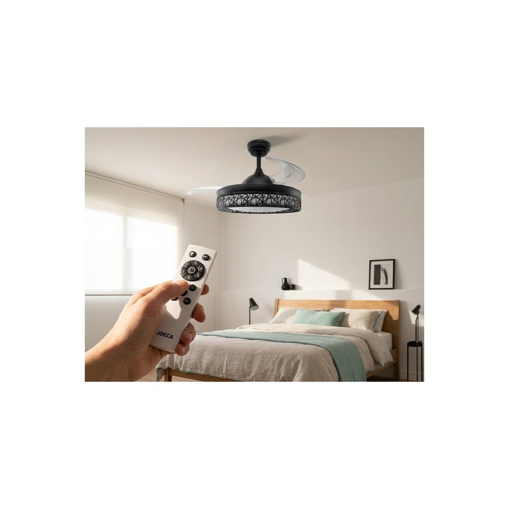 Voir la diapositive 2 : Jocca Ventilateur de plafond avec lumière LED 76W Ø107cm 3 Pales rétractables 6 vitesses Télécommande Minuterie Eté/Hiver Jocca