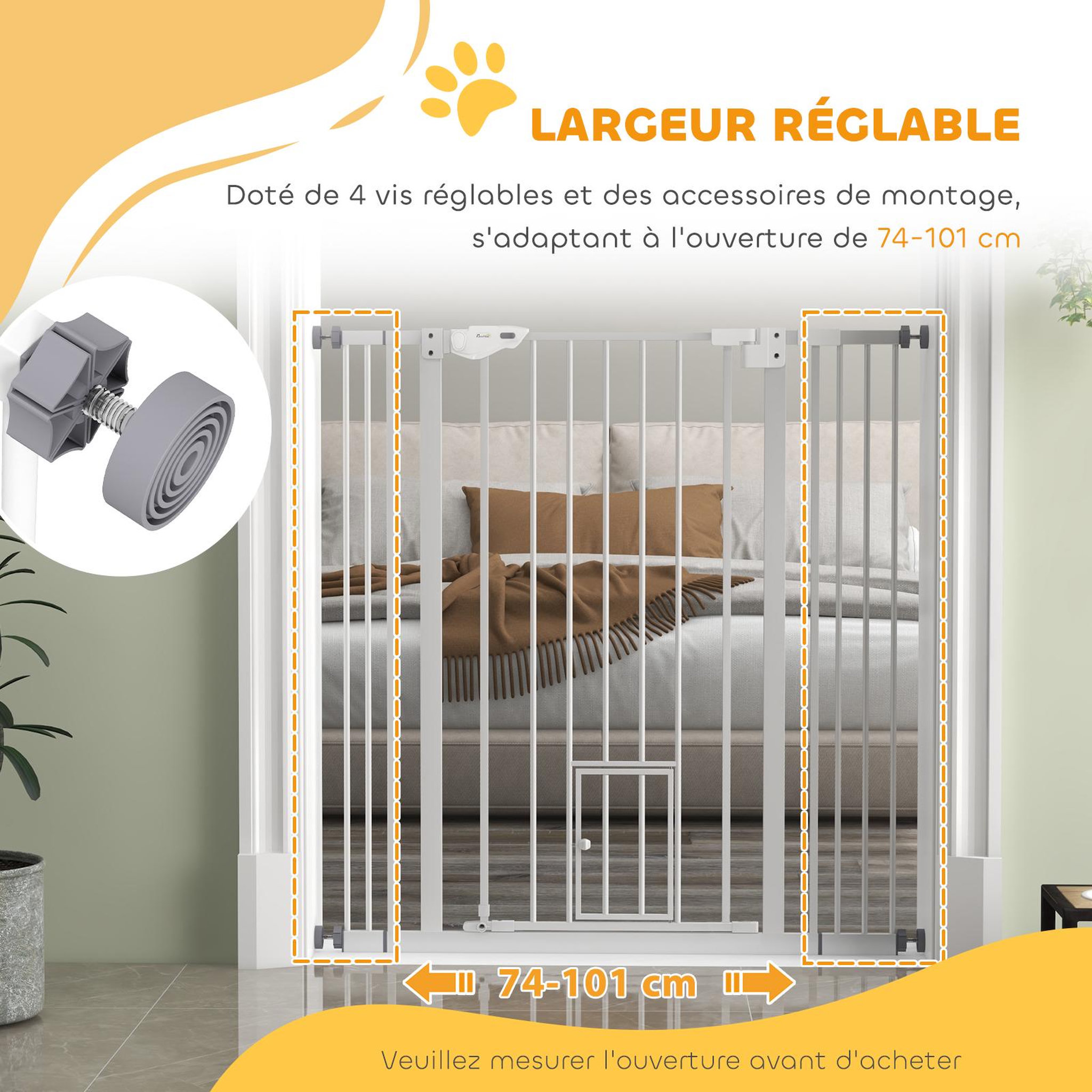 Voir la diapositive 4 : PAWHUT Barrière de sécurité chien h.104 cm - porte double verrouillage - sans perçage - acier blanc