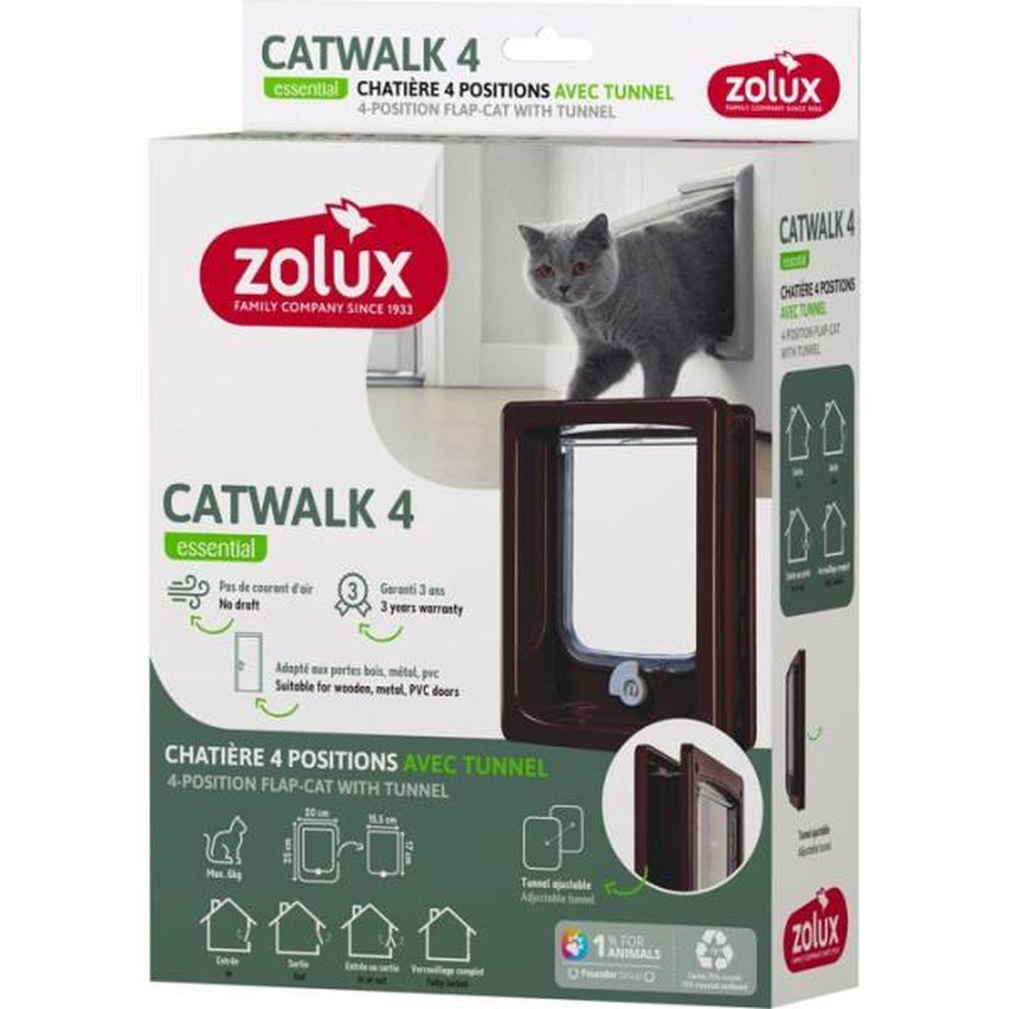 Voir la diapositive 3 : Zolux Chatière 4 positions avec tunnel - zolux - l20 x h25 cm - pour porte bois, pvc, métal - catwalk - marron