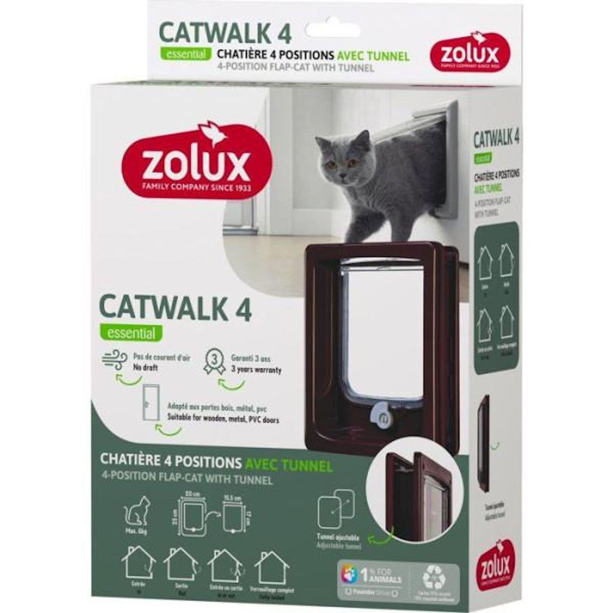 Zolux Chatière 4 positions avec tunnel - ZOLUX - L20 x H25 cm - Pour porte bois, PVC, métal - Catwalk - Marron