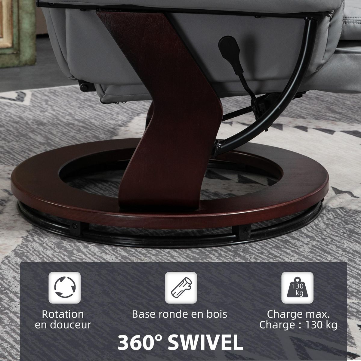 HOMCOM Fauteuil de relaxation inclinable pivotant avec repose-pied PU gris