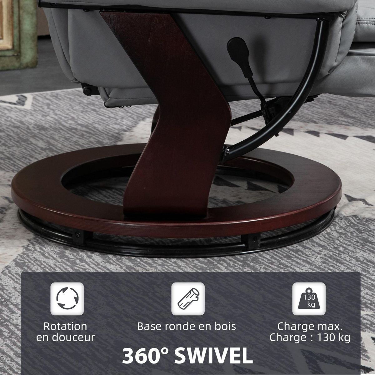 HOMCOM Fauteuil de relaxation inclinable pivotant avec repose-pied PU gris