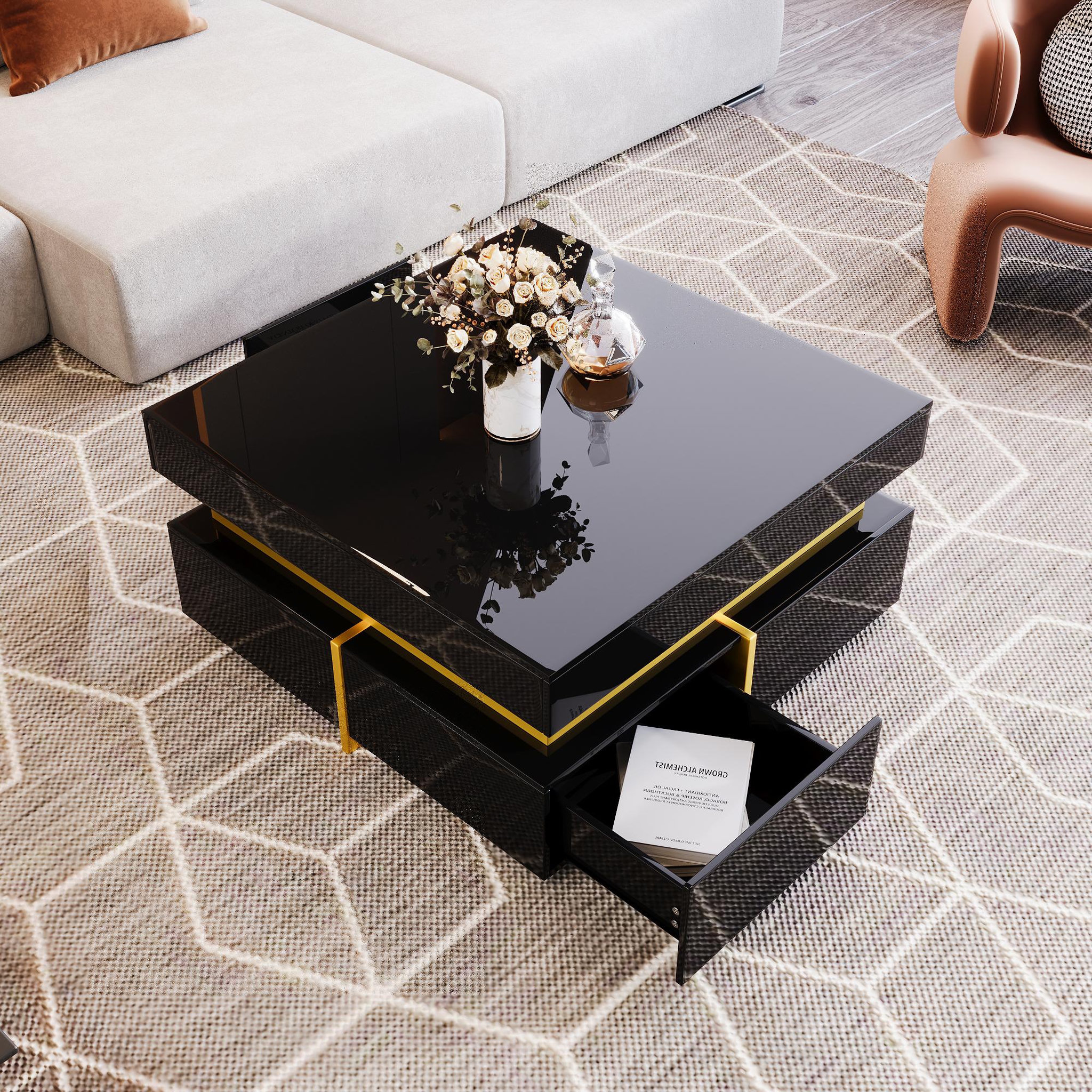 Voir la diapositive 3 : MERAX Table Basse Carrée Brillante Avec 2 Tiroirs