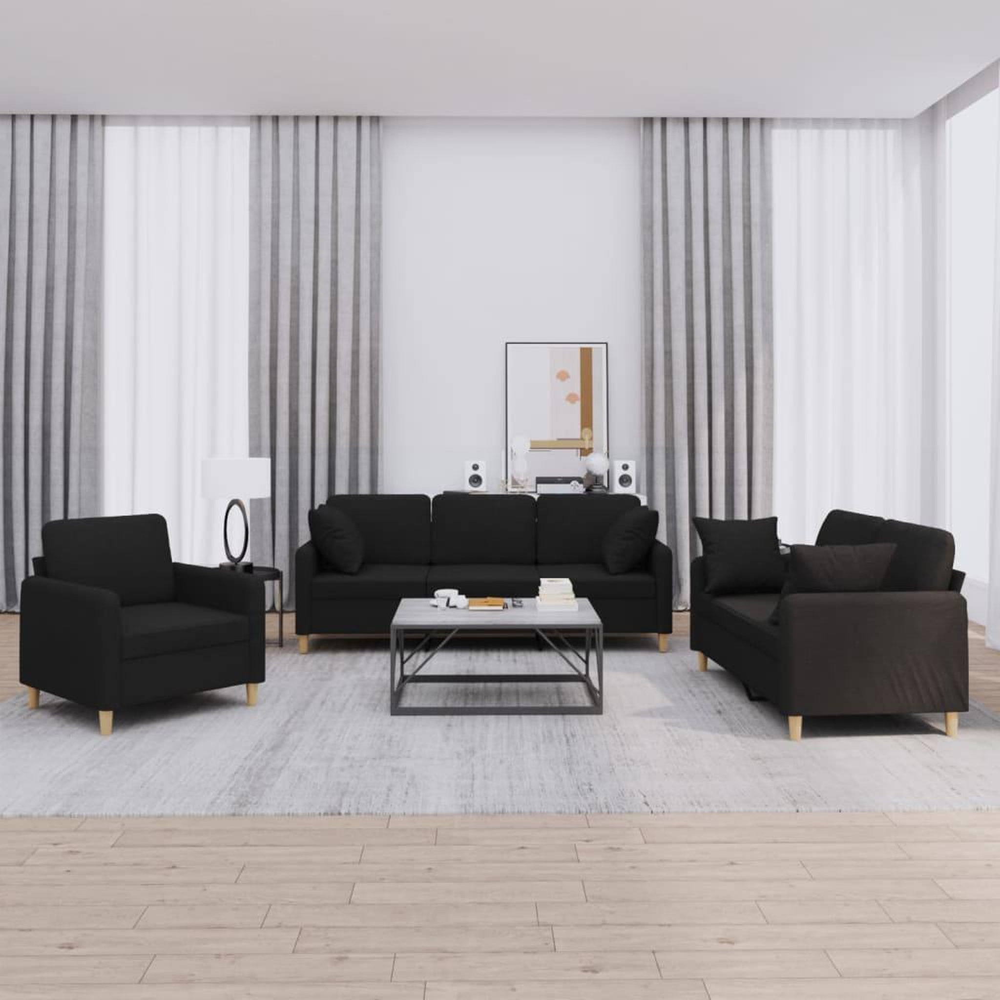 VIDAXL Ensemble de canapes 3 pcs avec coussins noir tissu