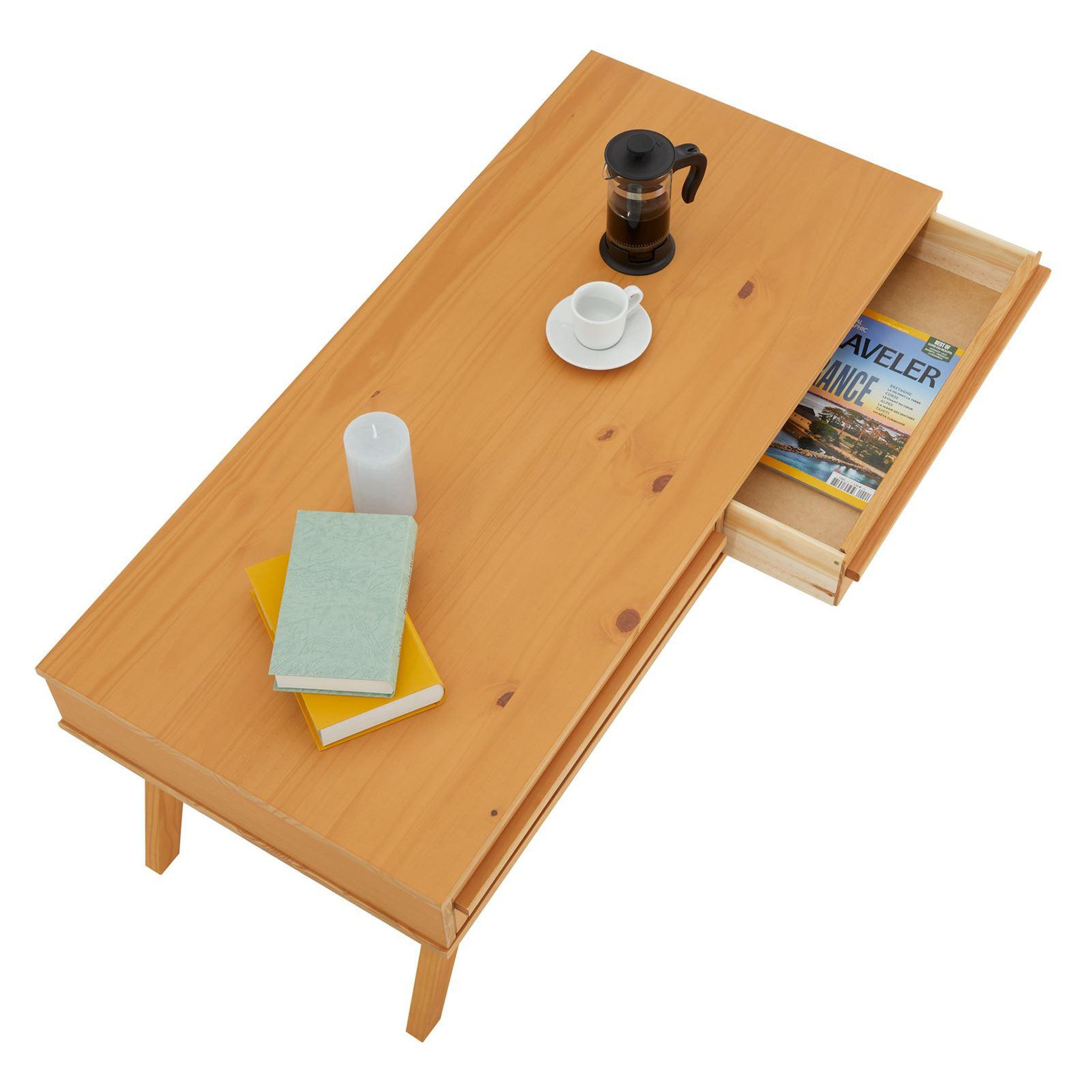 Voir la diapositive 5 : IDIMEX Table basse jona avec 2 tiroirs, en pin massif