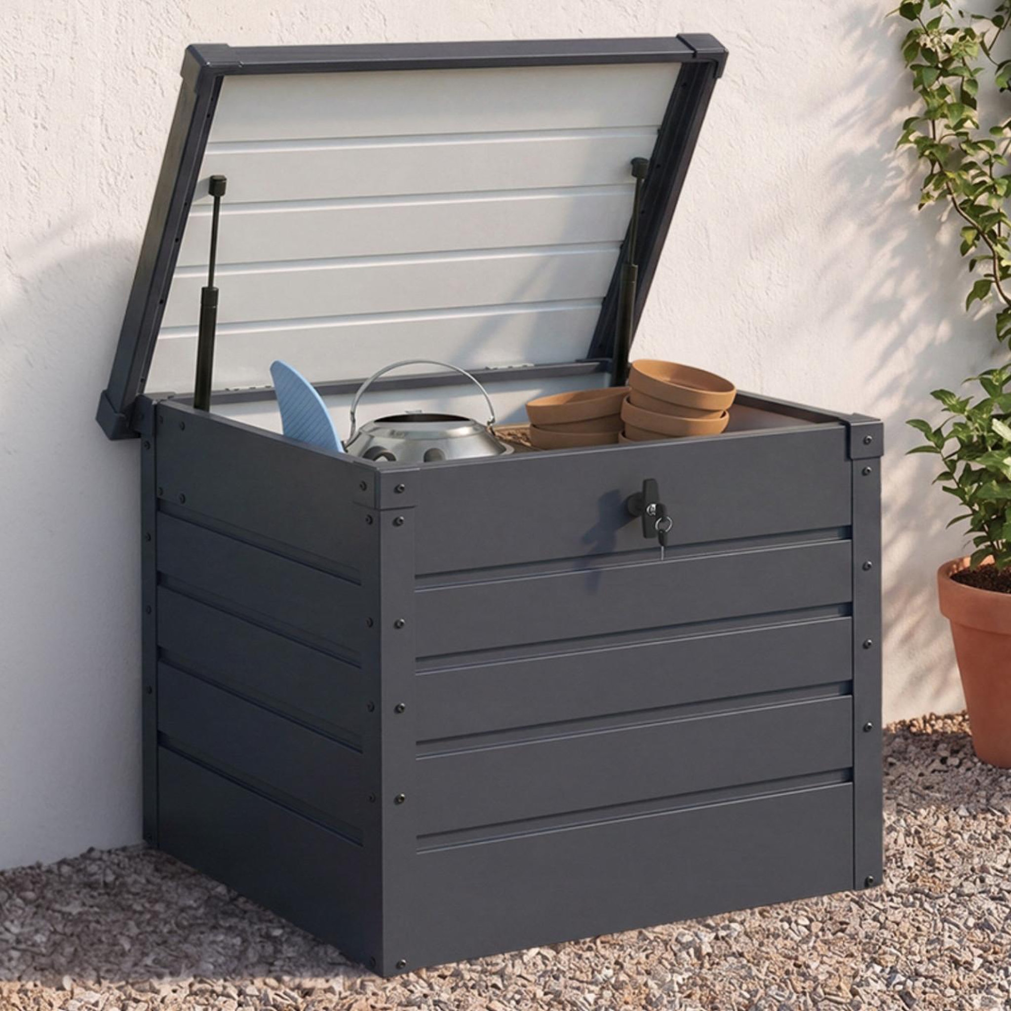 Voir la diapositive 2 : ID MARKET Coffre de rangement métal verrouillable gris anthracite pour jardin 200l 68x62,5x63 cm