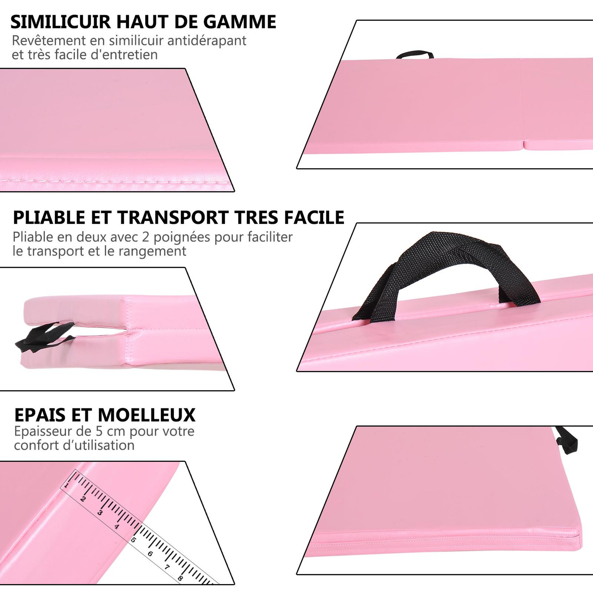 Voir la diapositive 5 : HOMCOM Tapis de gymnastique yoga pilates fitness pliable portable grand confort 180L x 60l x 5H cm revêtement synthétique rose