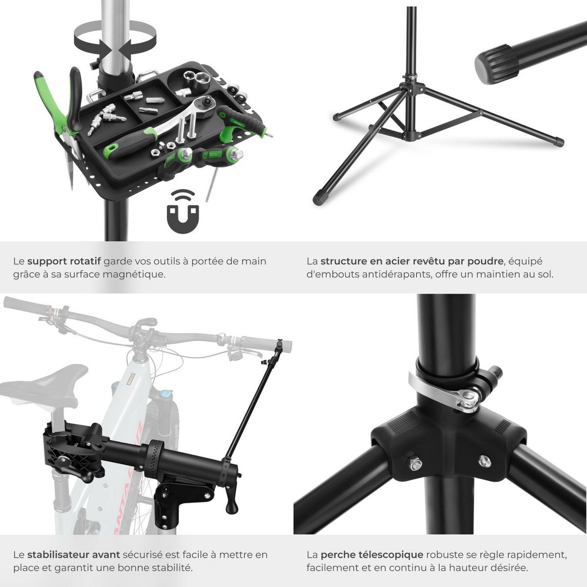 tectake Support de réparation pour vélo poids supporté 50 kg pliable avec fermetures rapides noir