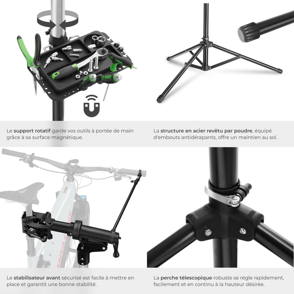 tectake Support de réparation pour vélo poids supporté 50 kg pliable avec fermetures rapides noir