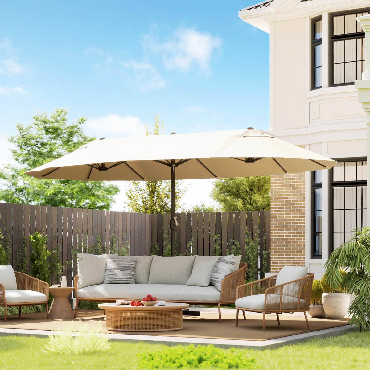 OUTSUNNY Parasol de jardin XXL parasol grande taille 4,6L x 2,7l x 2,4H m ouverture fermeture manivelle acier polyester haute densité crème