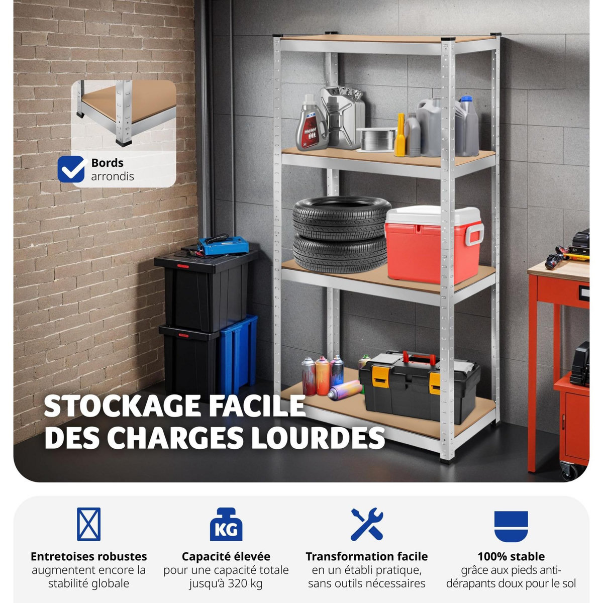 tectake Étagère pour charges lourdes structure en acier galvanisé argent 160 x 80 x 40 cm, 320 kg