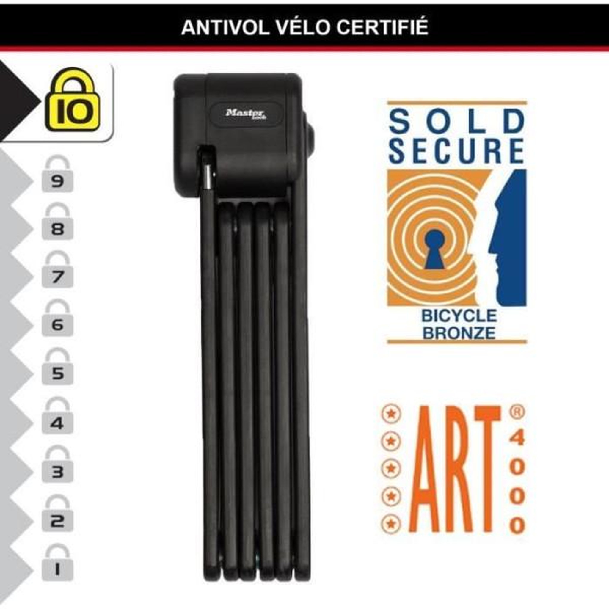 Voir la diapositive 2 : Master lock Antivol Vélo Pliable - MASTER LOCK - 8333EURDPRO - Acier Trempé, 3 Clés, Certifié, Support Inclus