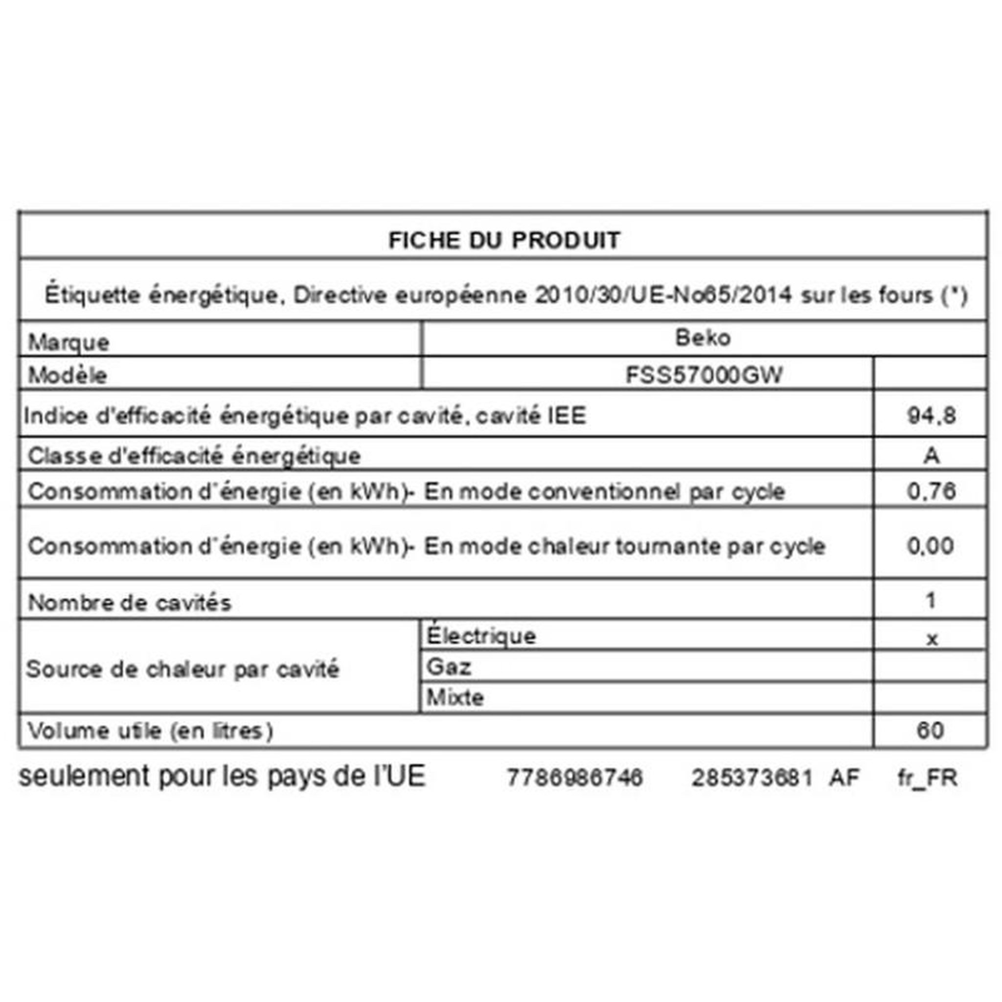 Voir la diapositive 3 : Beko Cuisinière vitrocéramique Beko FSS57000GW