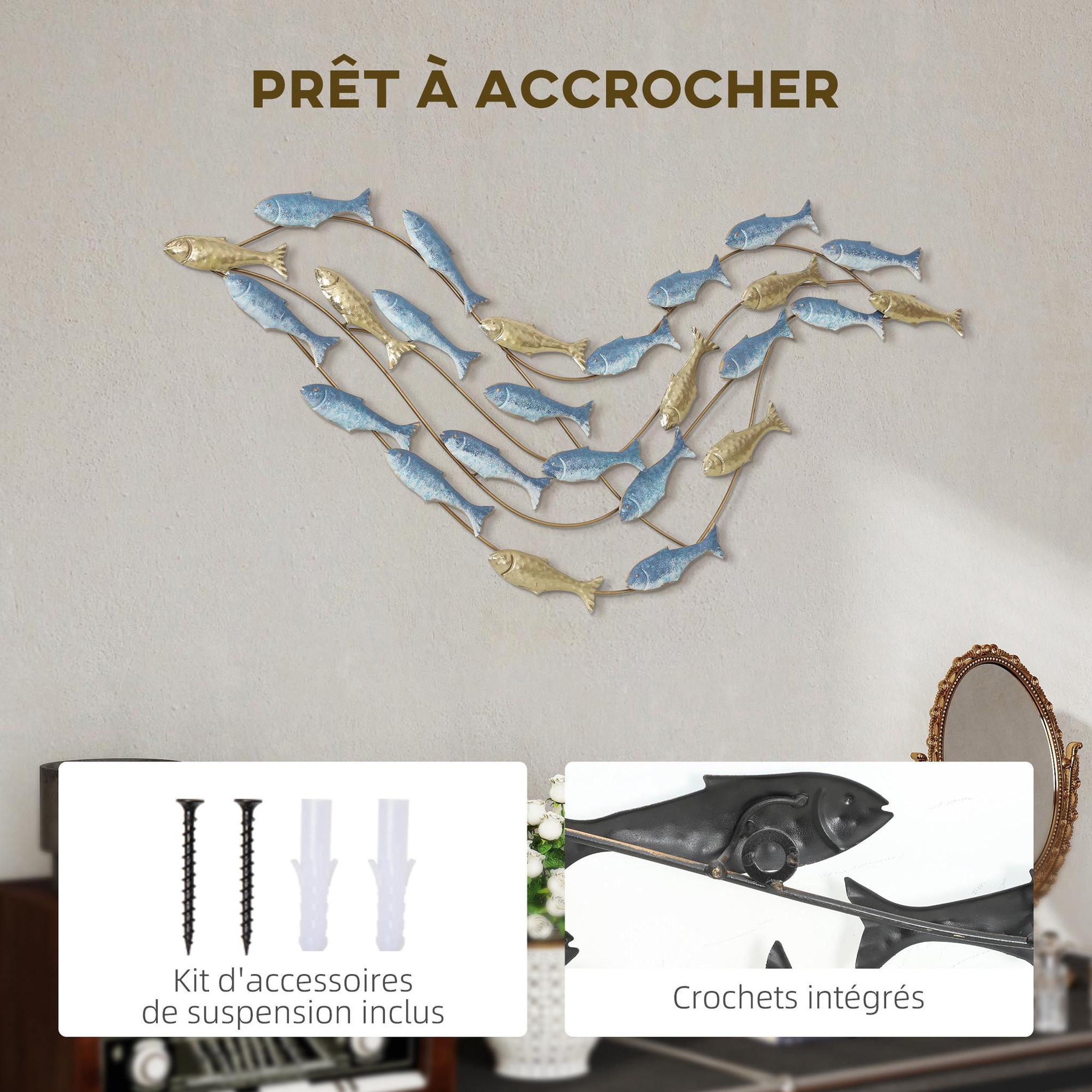 Voir la diapositive 5 : HOMCOM Décoration murale métal doré et bleu - Déco murale poissons - 100 x 50 cm