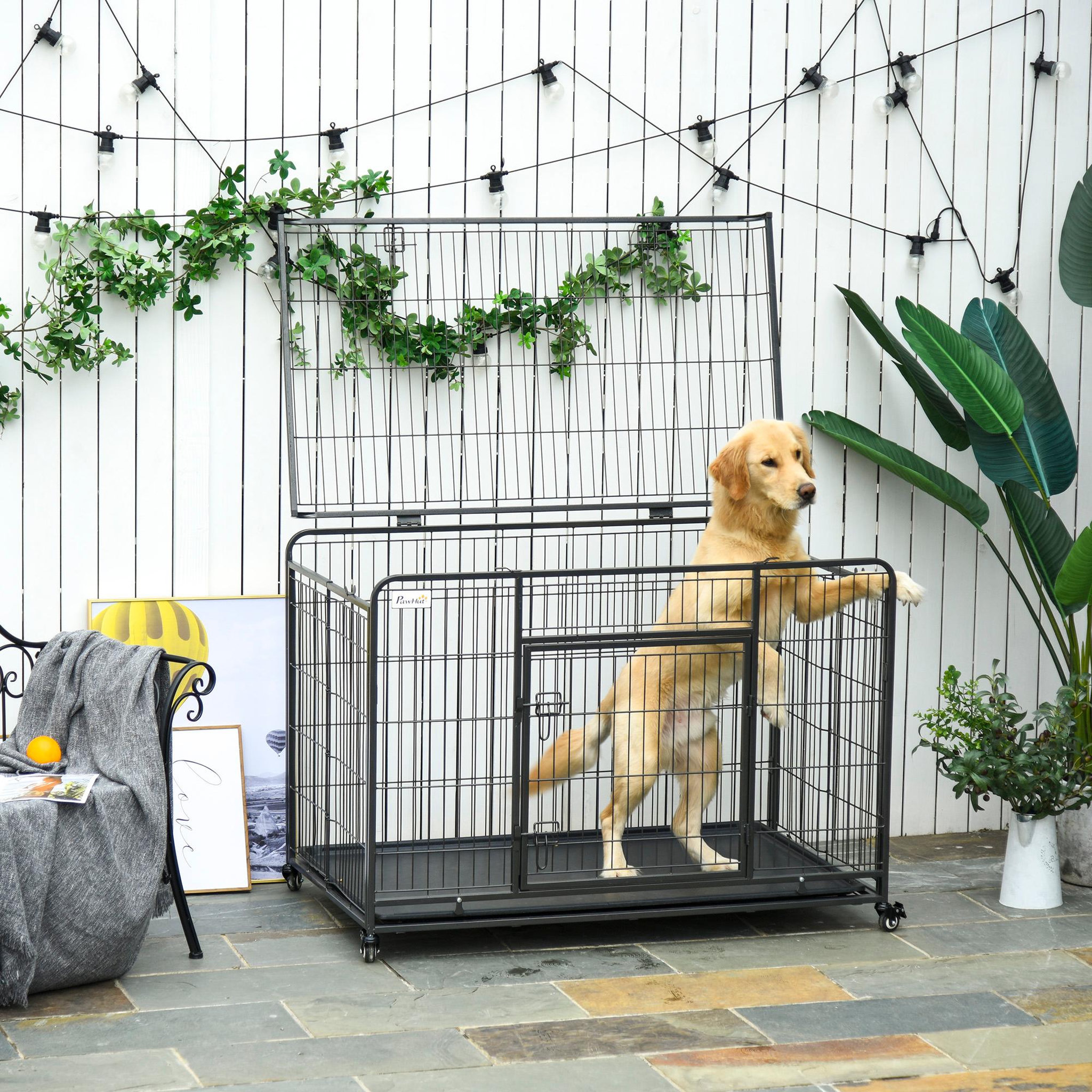 Voir la diapositive 2 : PAWHUT Cage pour chien pliable cage de transport sur roulettes 2 portes verrouillables plateau amovible dim. 125l x 76l x 81h cm métal gris noir