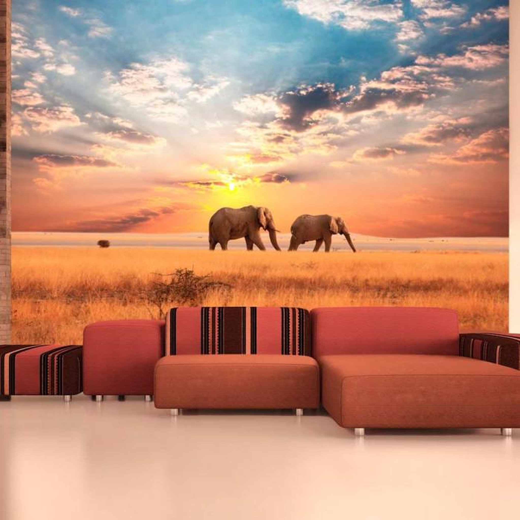 Paris Prix Papier Peint  Éléphants de Savane D'Afrique. Coloris disponibles : Multicolore