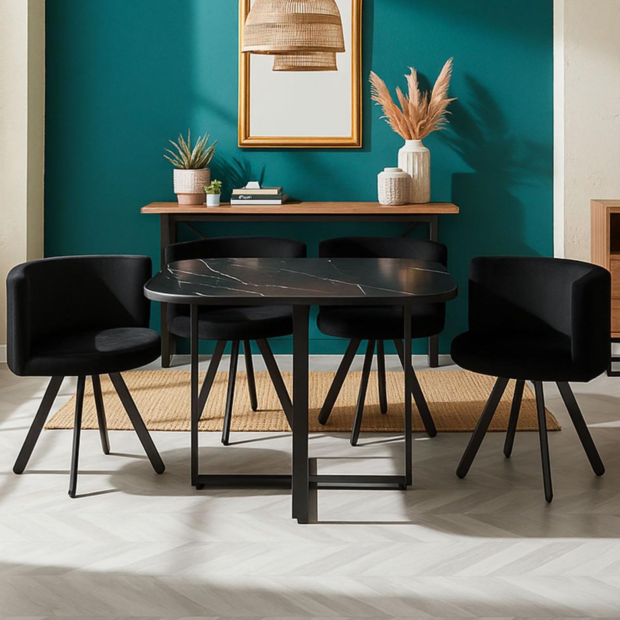 Voir la diapositive 5 : Paris Prix Ensemble table à manger & 4 chaises en velours  norway  90cm noir