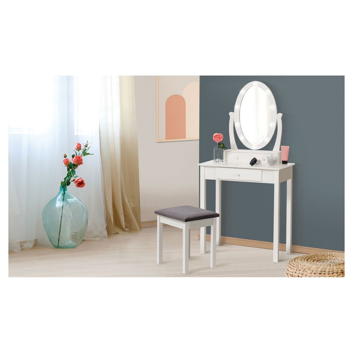 Coiffeuse LED 3 tiroirs + miroir  avec tabouret LUSH