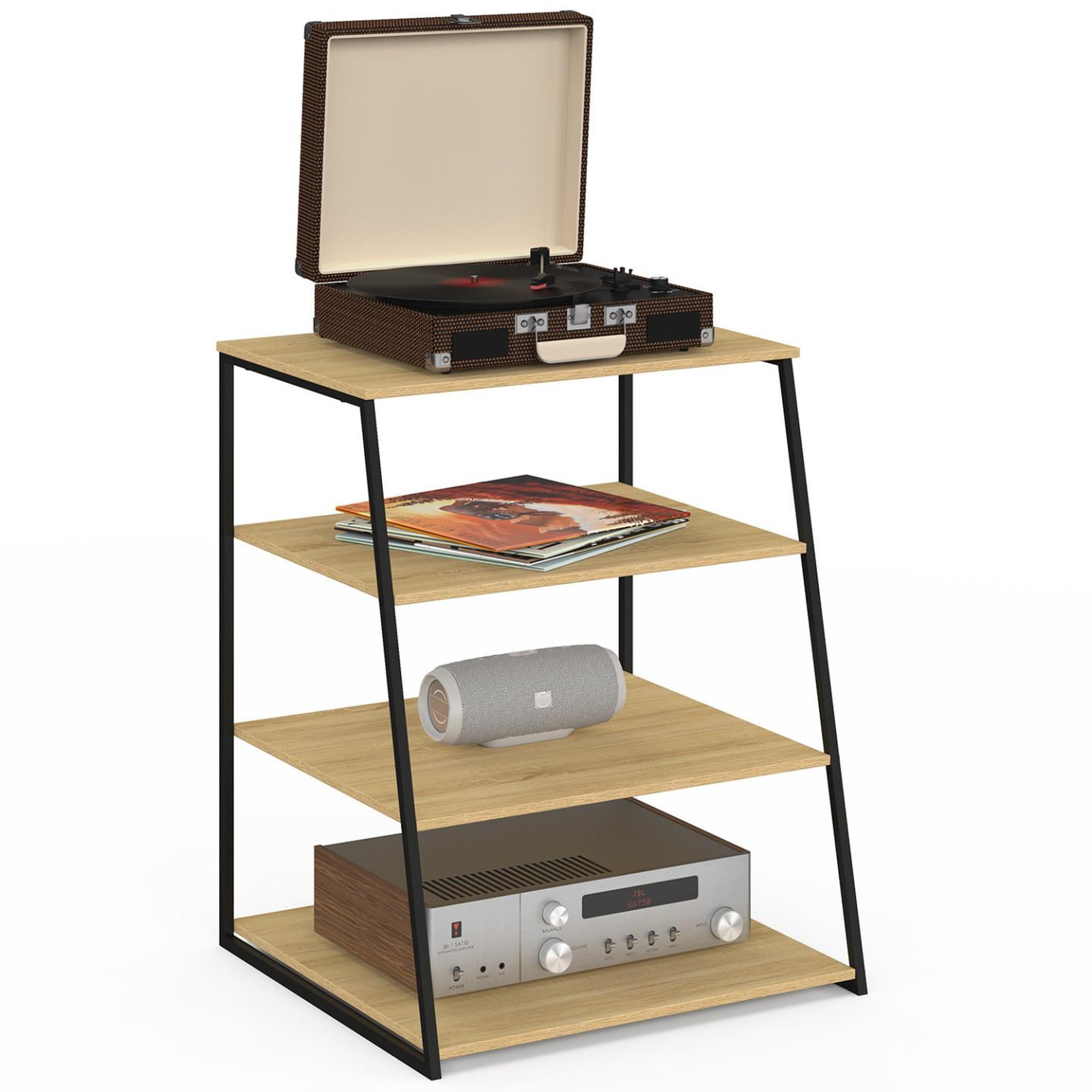 ID MARKET Meuble hifi, support pour platine, enceintes et vinyles 60 cm detroit étagère 4 niveaux bois et noir design industriel