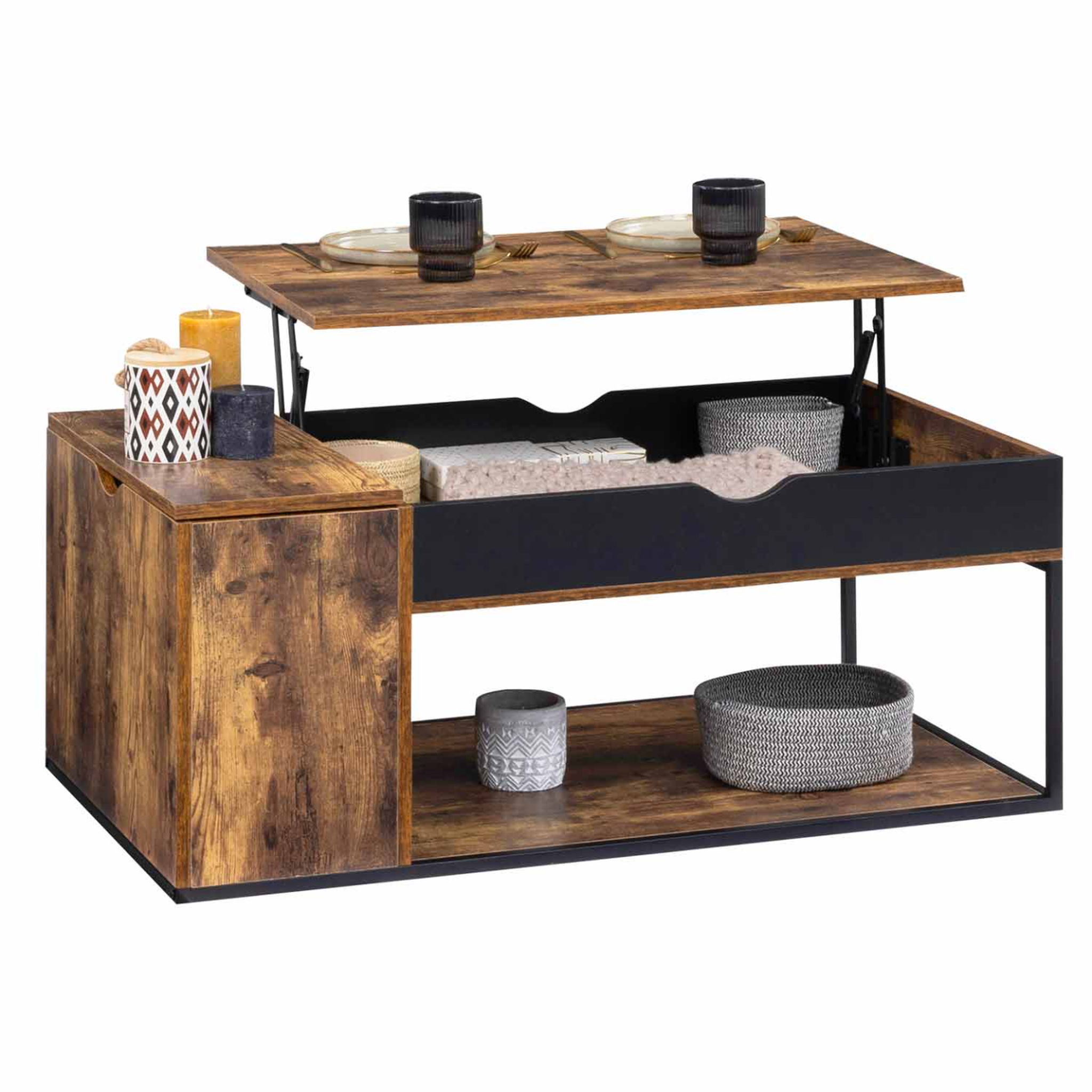 ID MARKET Table basse plateau relevable rectangulaire chicago avec coffre design industriel