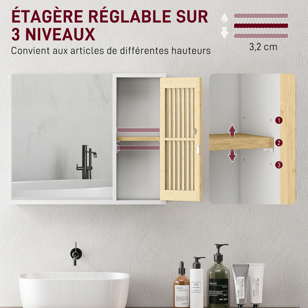 HOMCOM Miroir étagère style cosy - armoire miroir salle de bain 1 porte - bambou blanc