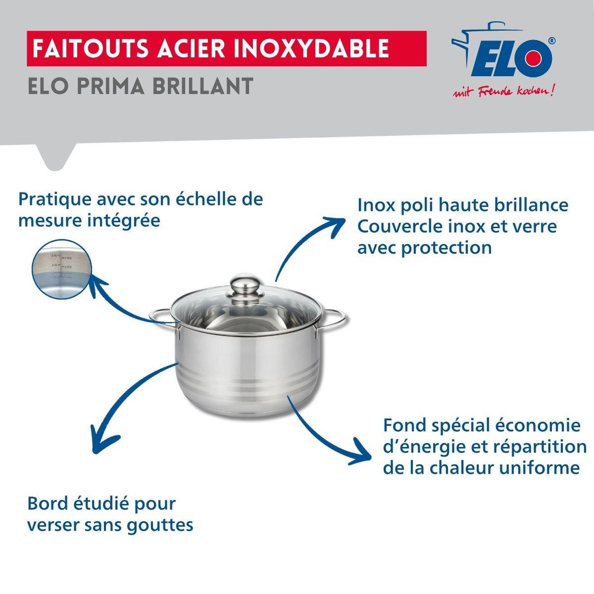 Voir la diapositive 3 : ELO Ensemble de 2 poêles de cuisson 24 et 28 cm et 1 faitout 20 cm elo prima brillant
