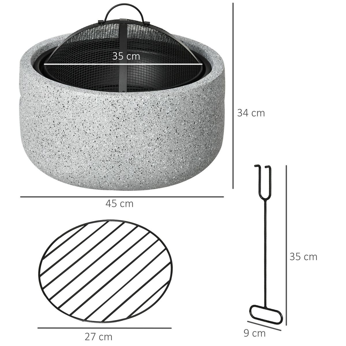 OUTSUNNY Brasero design cheminée foyer extérieur dim. Ø 45 x 34H cm grille couvercle tisonnier métal noir MGO aspect pierre