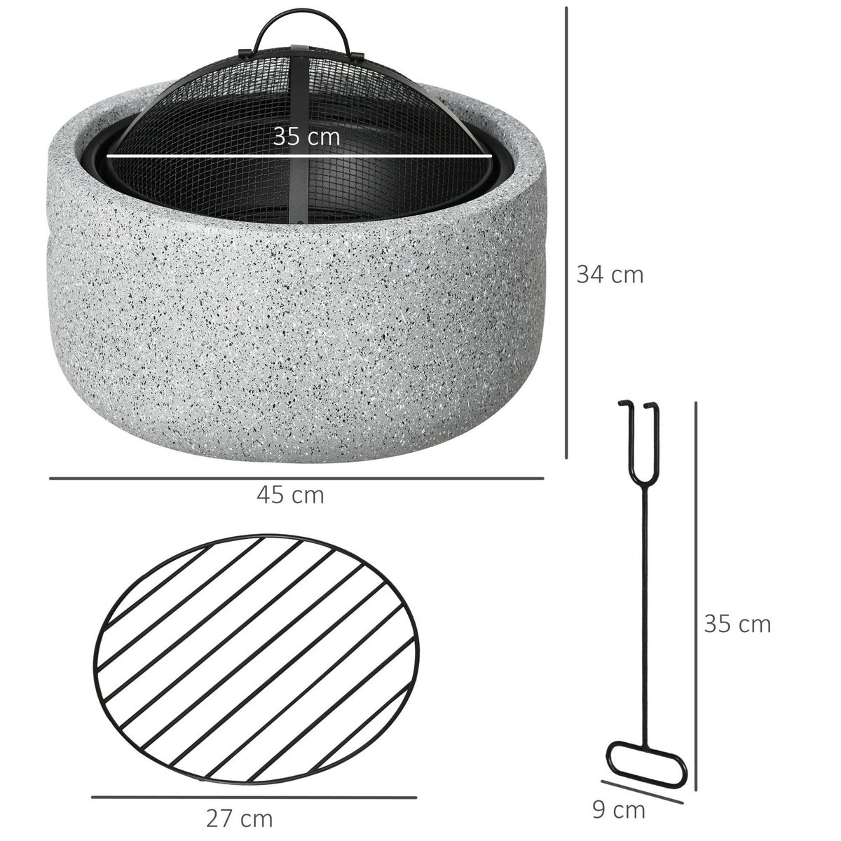 OUTSUNNY Brasero design cheminée foyer extérieur dim. Ø 45 x 34H cm grille couvercle tisonnier métal noir MGO aspect pierre