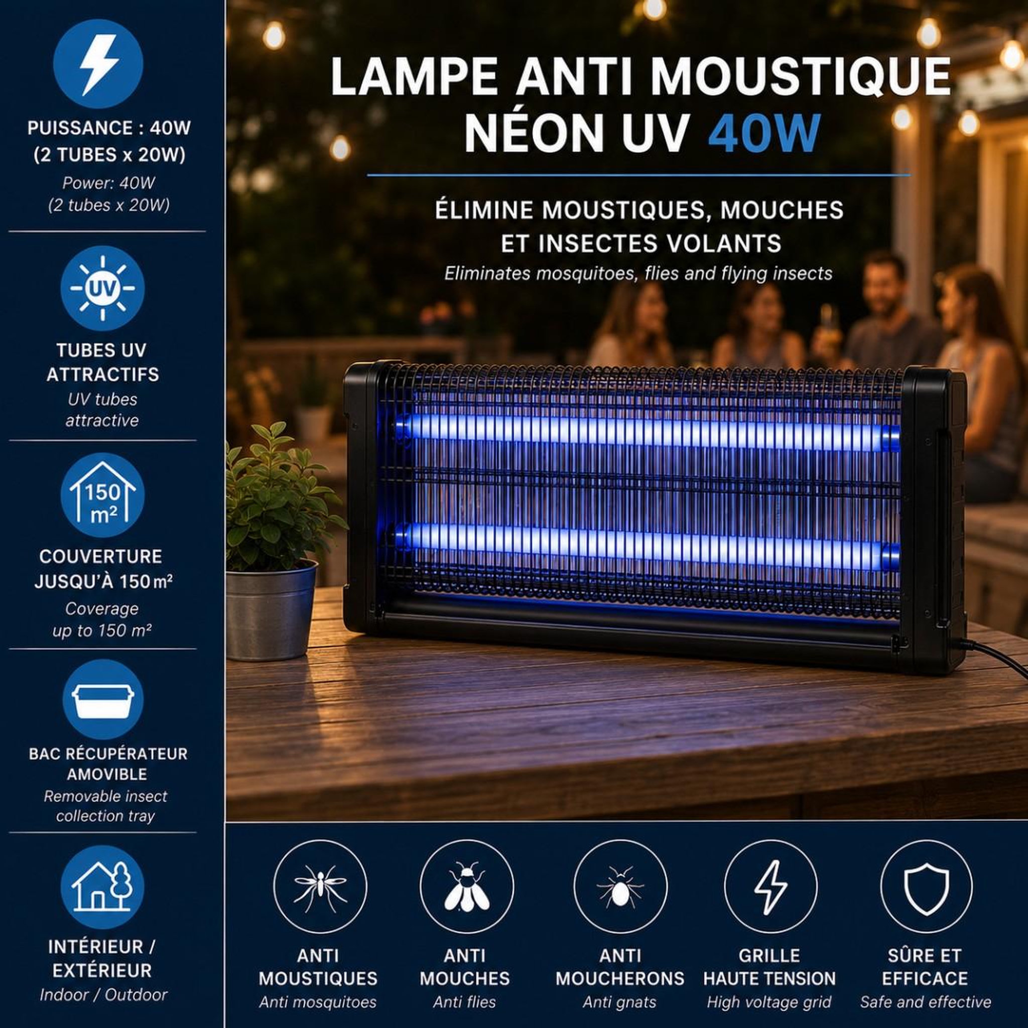 Voir la diapositive 2 : INTEC Lampe anti moustique 40w néon uv intérieur/extérieur piège à insectes 150m2 grille haute tension anti mouches insectes volants