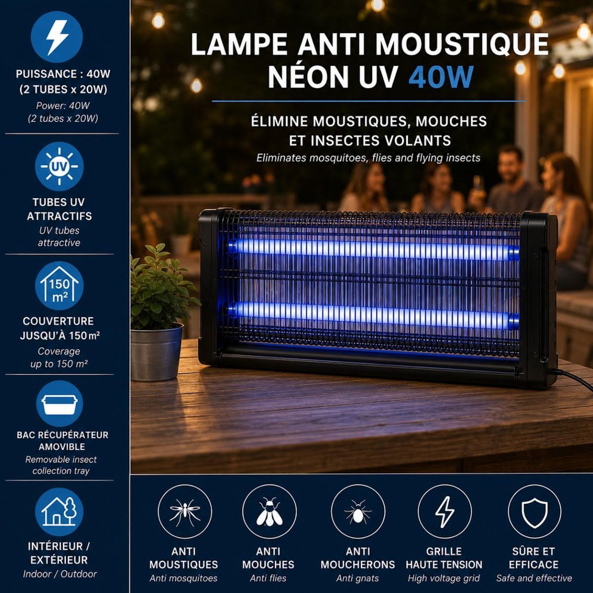 INTEC Lampe Anti Moustique Néon UV 40W Intérieur/Extérieur Piège à Insectes 150m2 Grille Haute Tension Anti Mouches Insectes volants