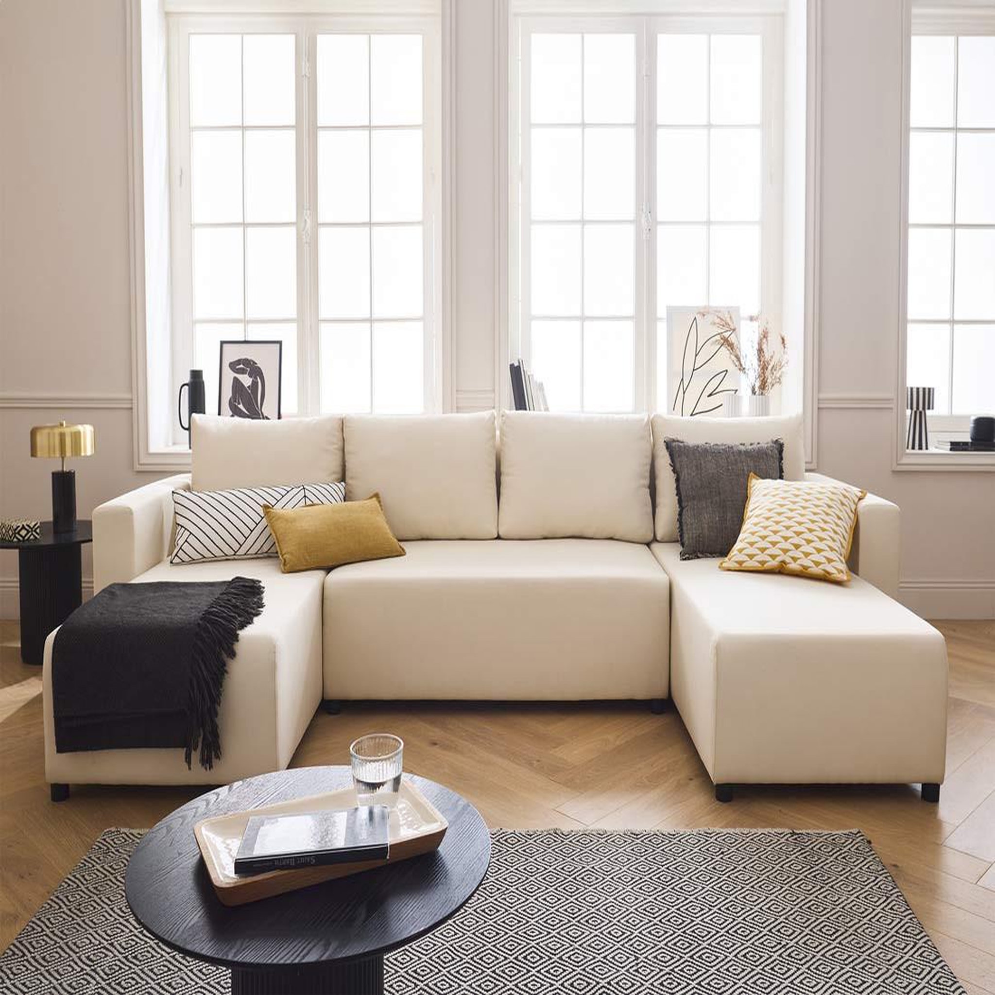 BEST MOBILIER Regala - canapé panoramique - 7 places - convertible avec coffre - en tissu. Coloris disponibles : Beige, Bleu, Rouge, Gris, Noir