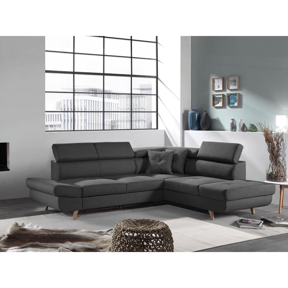 BEST MOBILIER Linea - canapé d'angle droit convertible - 5 places - avec têtières
