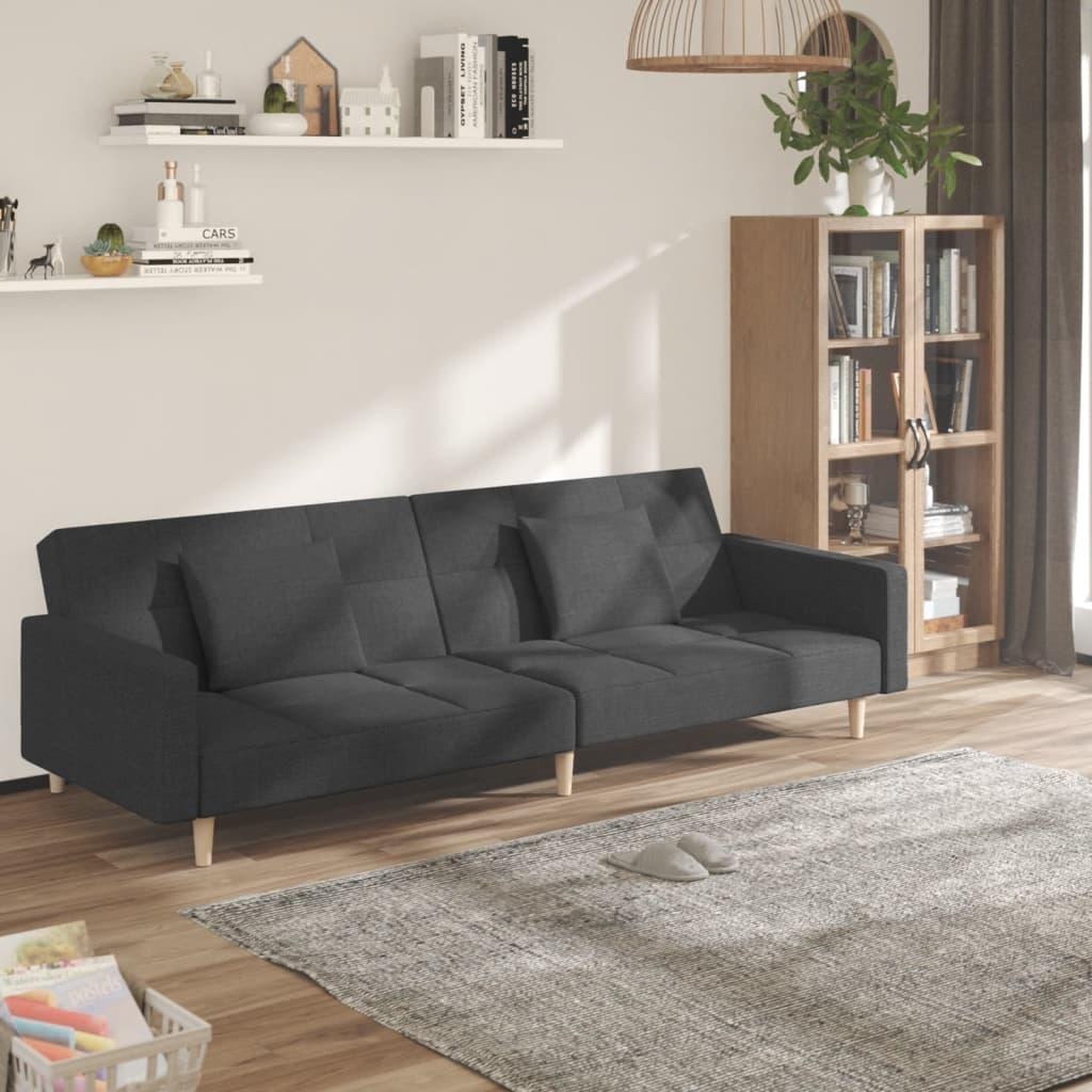 VIDAXL Canape-lit a 2 places avec deux oreillers Gris fonce Tissu