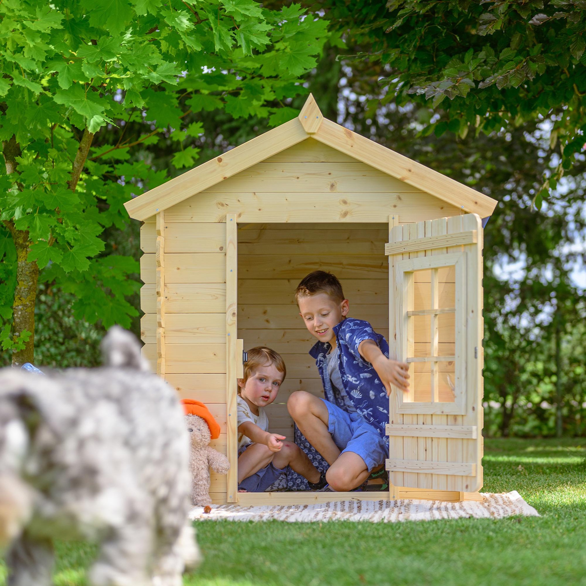 Voir la diapositive 4 : TIMBELA Maison en bois pour enfants toit bleu maison de jeux pour l'extérieur 111x114x121cm/0.9 m2 m570m-1